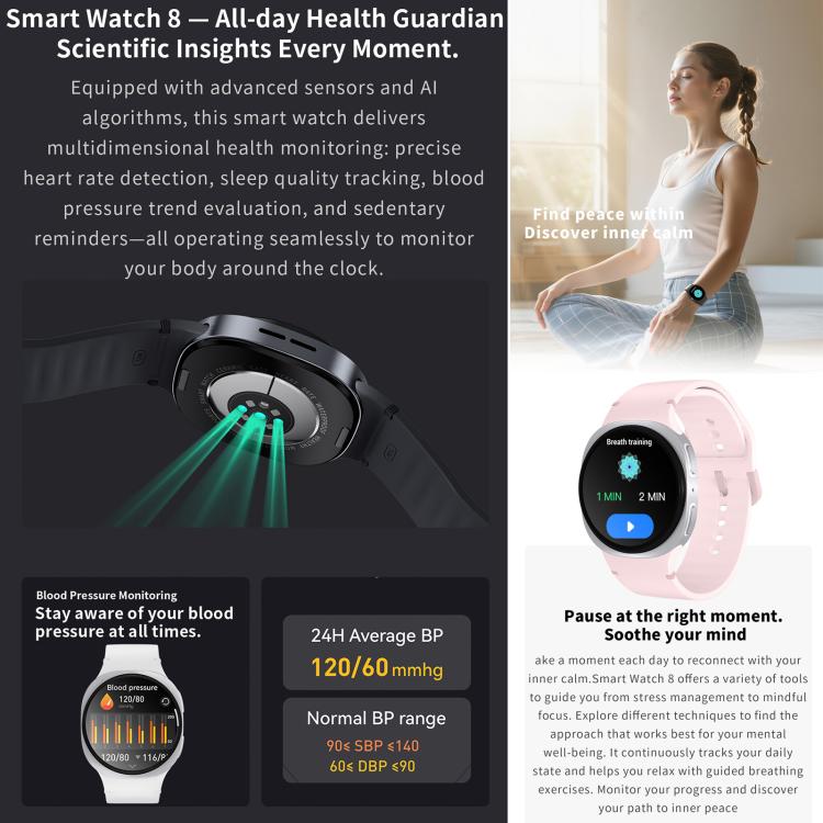 Reloj inteligente deportivo HD8 mini de 1,29 pulgadas con Bluetooth 5.4, compatible con llamadas Bluetooth, monitor de sueño, oxígeno en sangre, frecuencia cardíaca y presión arterial.